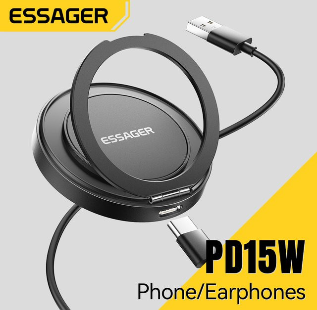 Essager Magnetisches kabelloses Ladegerät 15 W mit Kabel für iPhone 14 13 12 Pro Max und Samsung Xiaomi Kopfhörer, Schwarz - Bild 1