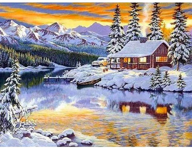 FIYO Diamant-Stickerei Winterlandschaft als Kristall-Diamant-Gemälde in Grau, B x H: 30 x 20 cm - Bild 1