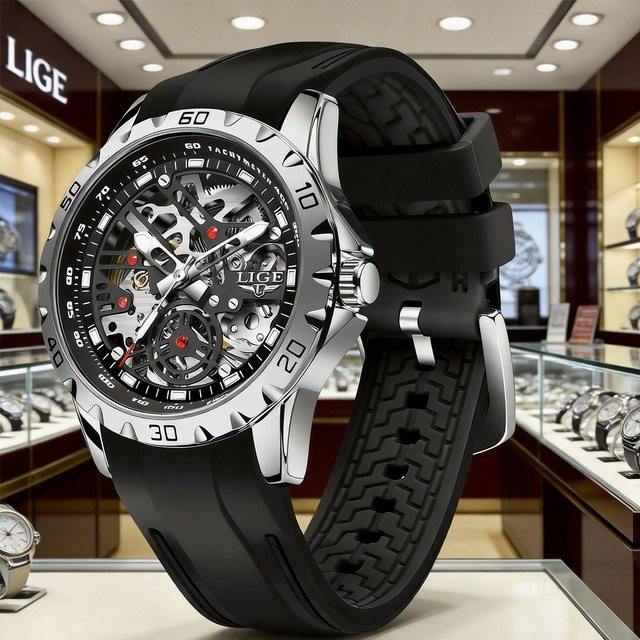 LIGE Armbanduhr Automatik, Edelstahl, Schwarz, Herren - Bild 1