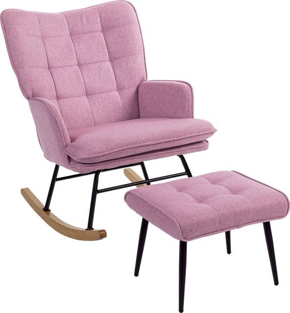 HOMCOM Schaukelsessel mit Fußhocker in Rosa, moderner Relax-Sessel mit gepolstertem Kissen, hohem Rücken und Armlehnen aus Stoff mit Holzfüßen - Bild 1