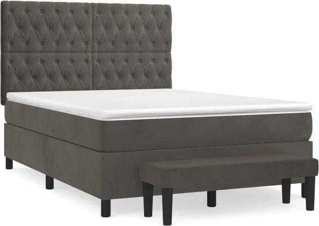 vidaXL Boxspringbett mit Matratze und Bank in Dunkelgrau aus Samt, B/T/H: 140 x 200 x 128 cm - Bild 1