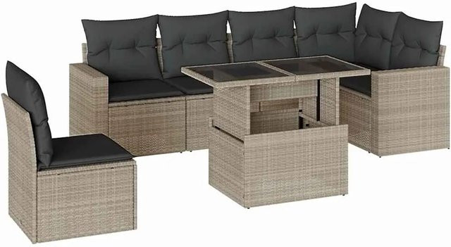 vidaXL 7-teilige Garten-Sofagarnitur aus Poly-Rattan mit Kissen in Hellgrau - Bild 1