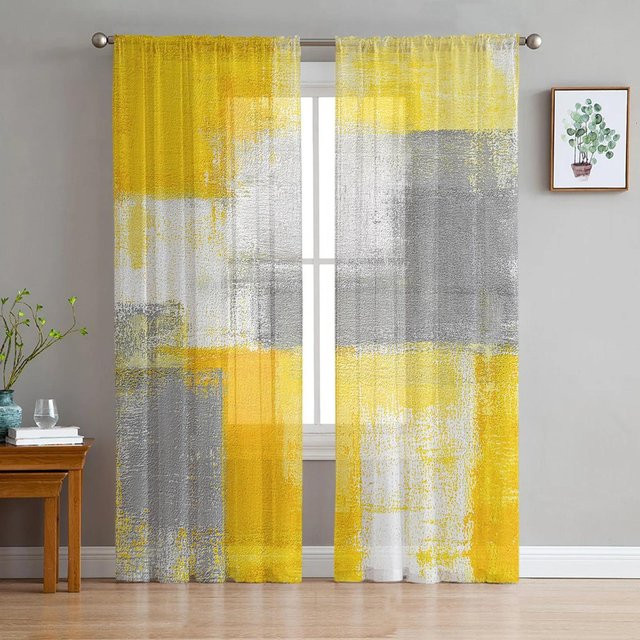 Yiran Furniture Transparente Tüll Vorhänge mit abstraktem geometrischem Ölgemälde-Design in Gelb und Grau, Breite: 135 cm, Höhe: 115 cm - Bild 1