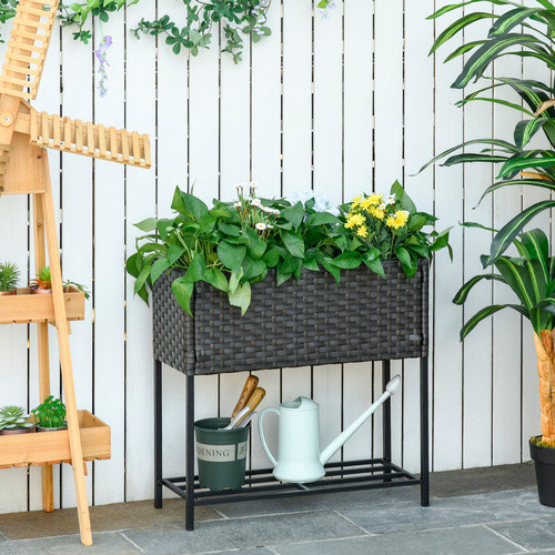 Outsunny Hochbeet aus Polyrattan und Stahl mit Füßen und Ablage in Braun, B/H/T: 70 x 72 x 30 cm - Bild 7