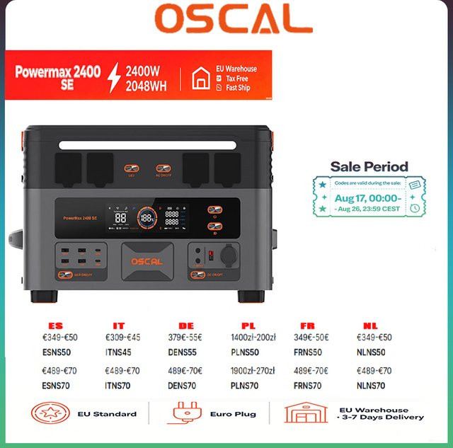 OSCAL 2400 SE Tragbarer Solargenerator mit 2016Wh Energiespeicher und 2400W Spitzenleistung für Outdoor-Camping - Bild 1