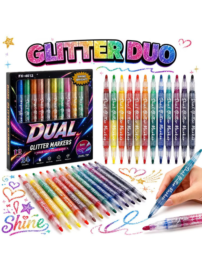 12 Stück Doppelspitzen-Glittermarker mit 24 Farben, wasserbasierte Schimmer-Stifte mit 2mm harter Spitze für Kunsthandwerk und Zeichnungen auf hellem und dunklem Papier - Bild 6
