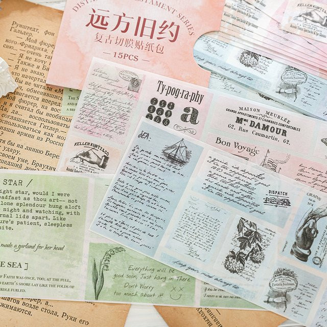 15 Stück Retro Washi-Aufkleber mit nostalgischen literarischen Mustern in Multicolour für Scrapbooking und DIY-Projekte - Bild 1