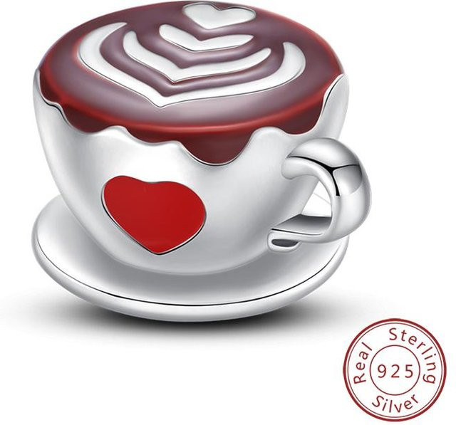 Charm 925 Silber, Perle, Zirkonia, Damen, Kaffeetasse Kaffeebohne - Bild 1