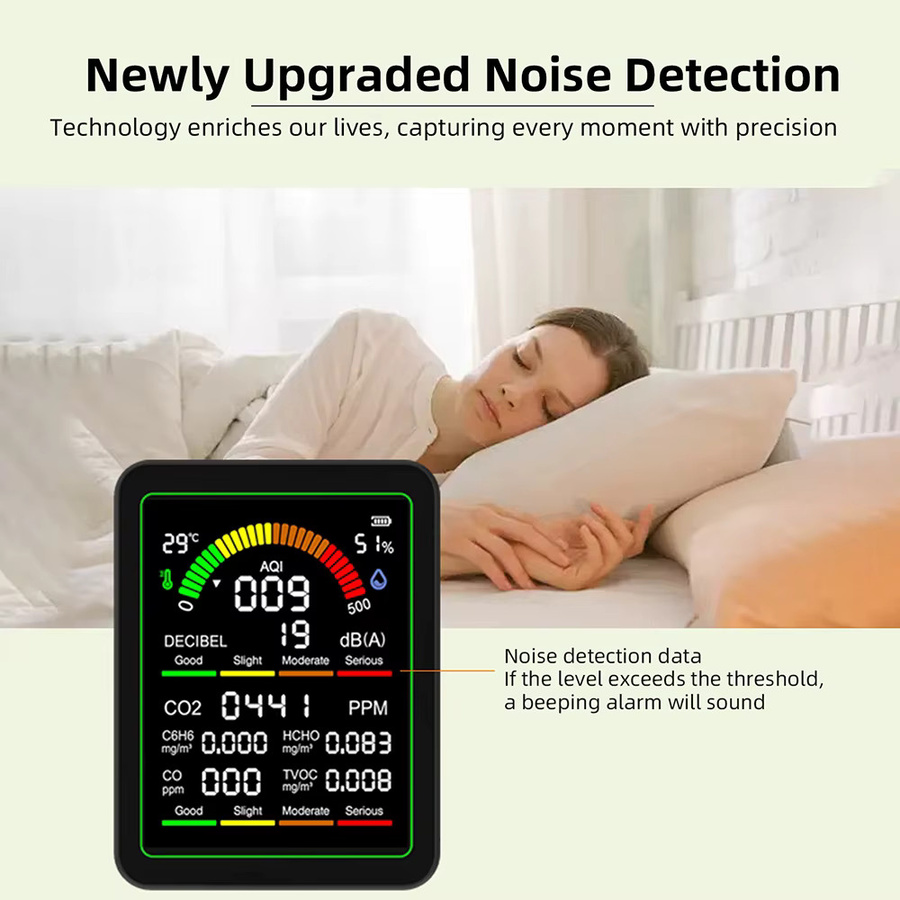 Gaqqee 9-in-1 Luftqualitätsmonitor für Innenräume mit CO2-, Formaldehyd-, TVOC-, Temperatur-, Feuchtigkeits- und Geräuschmessung sowie Farbalarmsystem in Weiß oder Schwarz - Bild 6