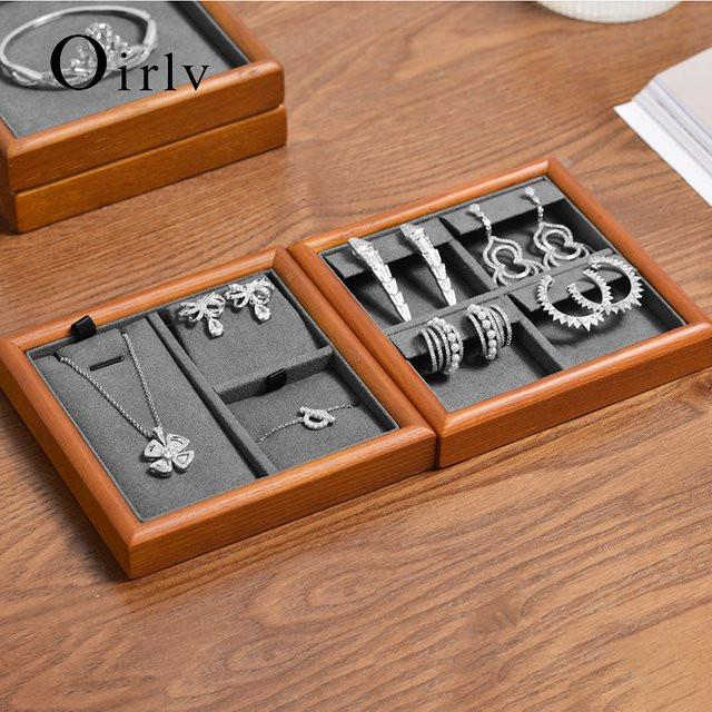 Oirlv Schmuck-Präsentationstablett aus Massivholz mit Schublade für Ringe, Halsketten, Ohrringe und Armbänder in Grau und Braun - Bild 1