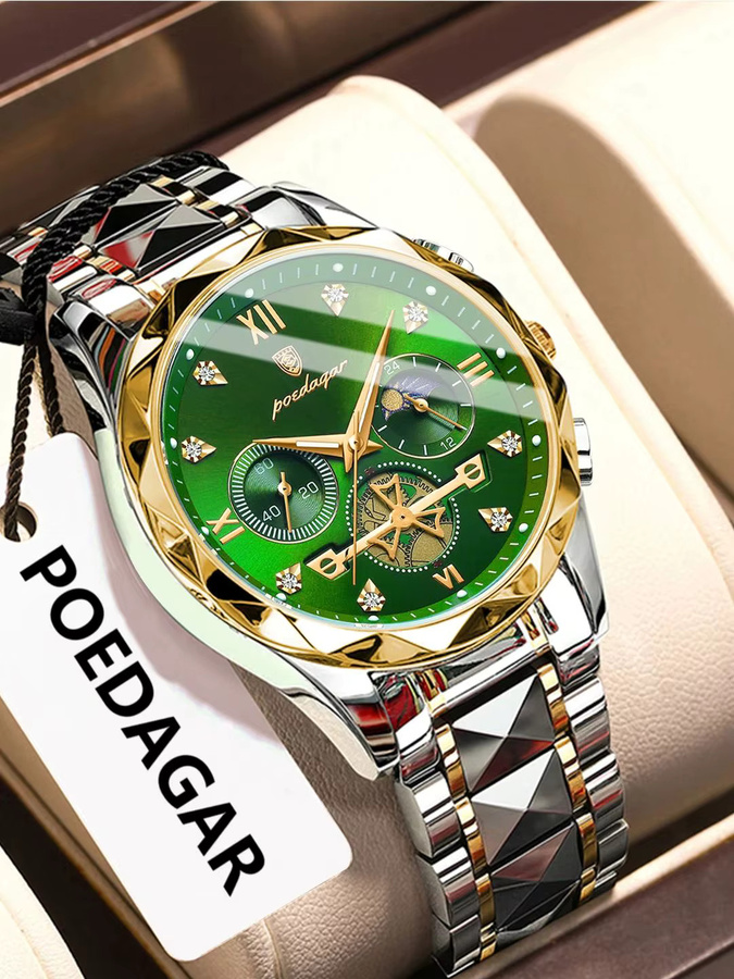 POEDAGAR Armbanduhr Chronograph, Edelstahl, Quarz, Herren, Grün, Silber - Bild 7