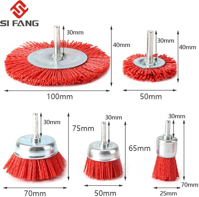 SI FANG Nylon-Topfbürste als Radbürste für Bohrer und Drehwerkzeuge in Rot mit 6 mm Schaft und Körnung 80–240 zum Polieren und Entgraten von Holz - Bild 1