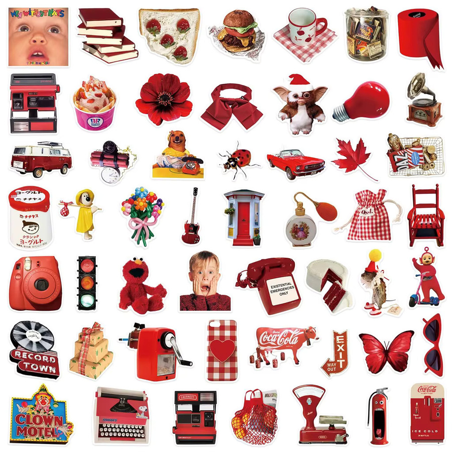 50 Stück minimalistische Ins-Stil Aufkleber in Rot von BulingBulingStickers Store, wasserfeste Sticker für Federmäppchen - Bild 3