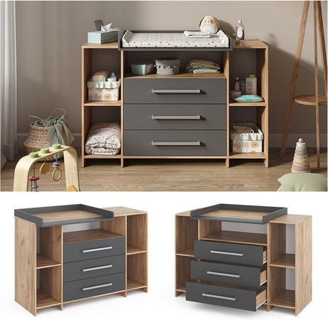 Vicco Wickelkommode Oskar XL für das Babyzimmer in Eiche Anthrazit inklusive Wickelauflage, B: 143 cm, H: 100 cm