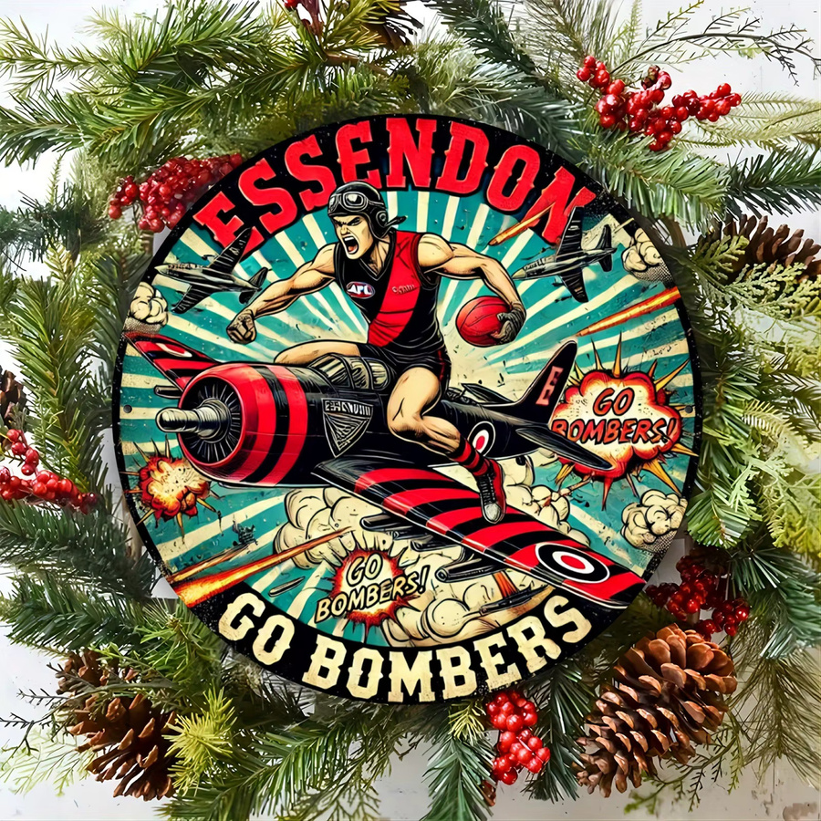 Essendon Bombers Rundes Aluminium-Wandschild im Vintage-Stil mit Fußballspieler und Flugzeug, Mehrfarbig - Bild 4