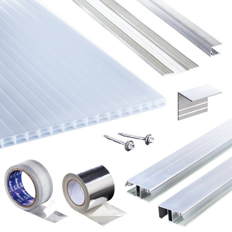 Terrassendach-Set mit Polyclear Polycarbonat Stegplatten in Opal-Weiß, 16 mm Dicke, inklusive Kombinationsverlegeprofil und Montagematerial aus Aluminium und Edelstahl - Bild 1