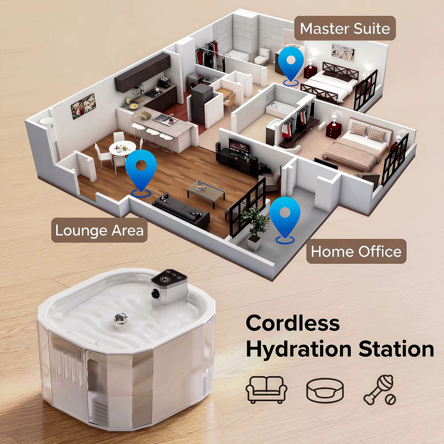 LABEKA Kabelloser Katzenwasserbrunnen in Weiß mit Bewegungssensor, 2200mAh Akku und ultra-leiser Pumpe, USB aufladbarer automatischer Haustier-Wasserspender für Zuhause und Reisen - Bild 2