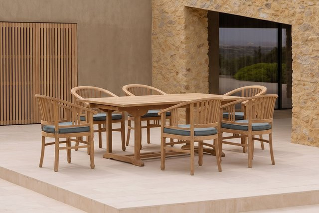 OUTFLEXX Garten-Essgruppe aus Teakholz in Braun und Grau mit ausziehbarem Tisch für 6 Personen und Polstern - Bild 1