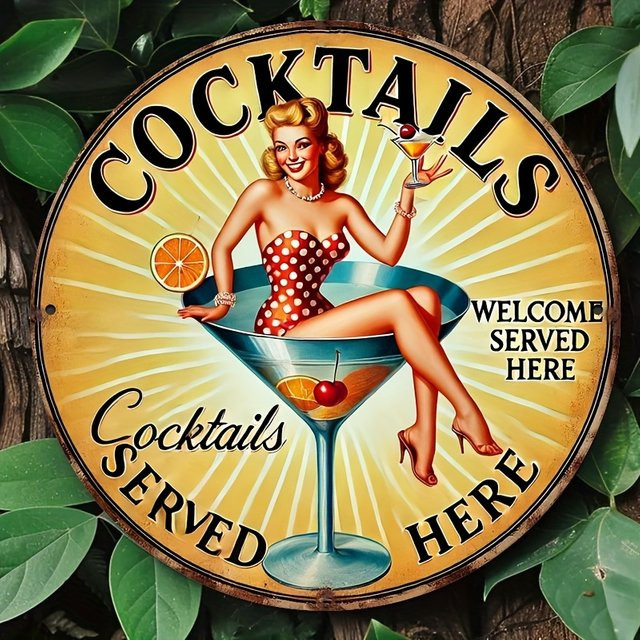 Potdemiel Vintage Cocktails Served Here Rundes Metallblechschild in Multicolour, Durchmesser: 20,32 cm - Bild 1