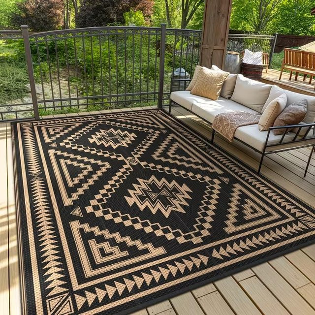 SywSeven Outdoor-Teppich wendbare Campingmatte aus Polyester, Schwarz-Beige, B/T: 60 x 90 cm - Bild 1