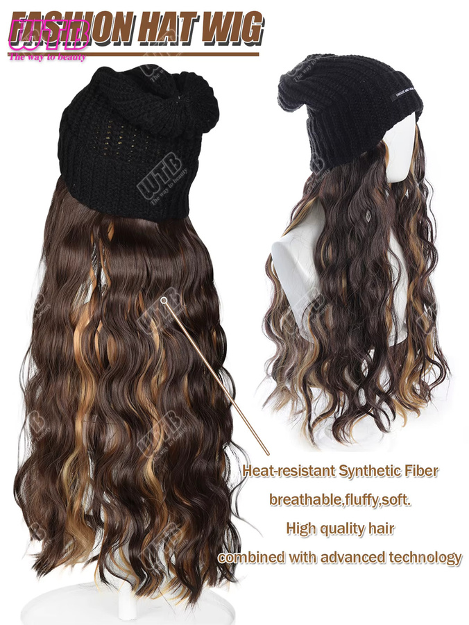 WTB Synthetische Perücke, schwarze Strickmütze mit langen lockigen Haarverlängerungen - Bild 4