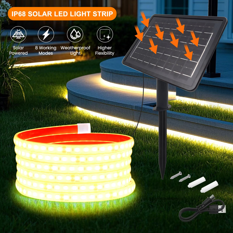 HEGEHE Solar-LED-Lichtleiste für den Außenbereich, 10 m, Warmweiß, IP68 wasserdicht, 120 LEDs/m, SMD 2835, selbstklebend - Bild 3