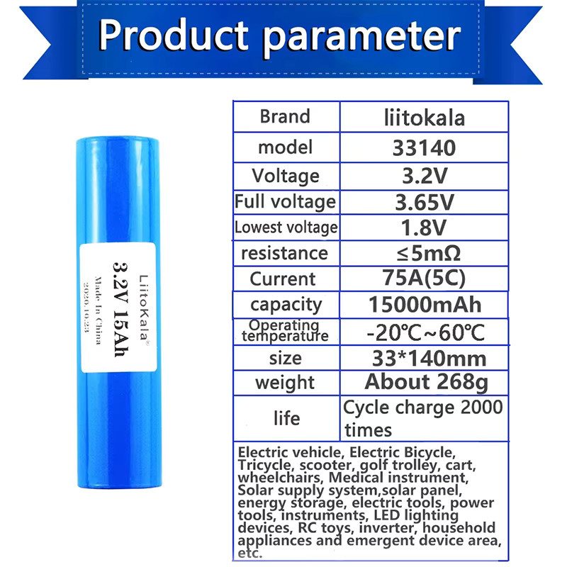 LiitoKala LiFePO4 Akku-Zelle 3,2 V 15 Ah in Blau für DIY E-Bike, E-Scooter und Elektrowerkzeuge - Bild 3