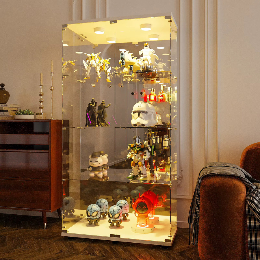 Fangange 4-stöckige Glas-Vitrine mit LED-Beleuchtung in Weiß, moderne Ausstellungsvitrine mit Doppeltür für dein Wohnzimmer - Bild 2
