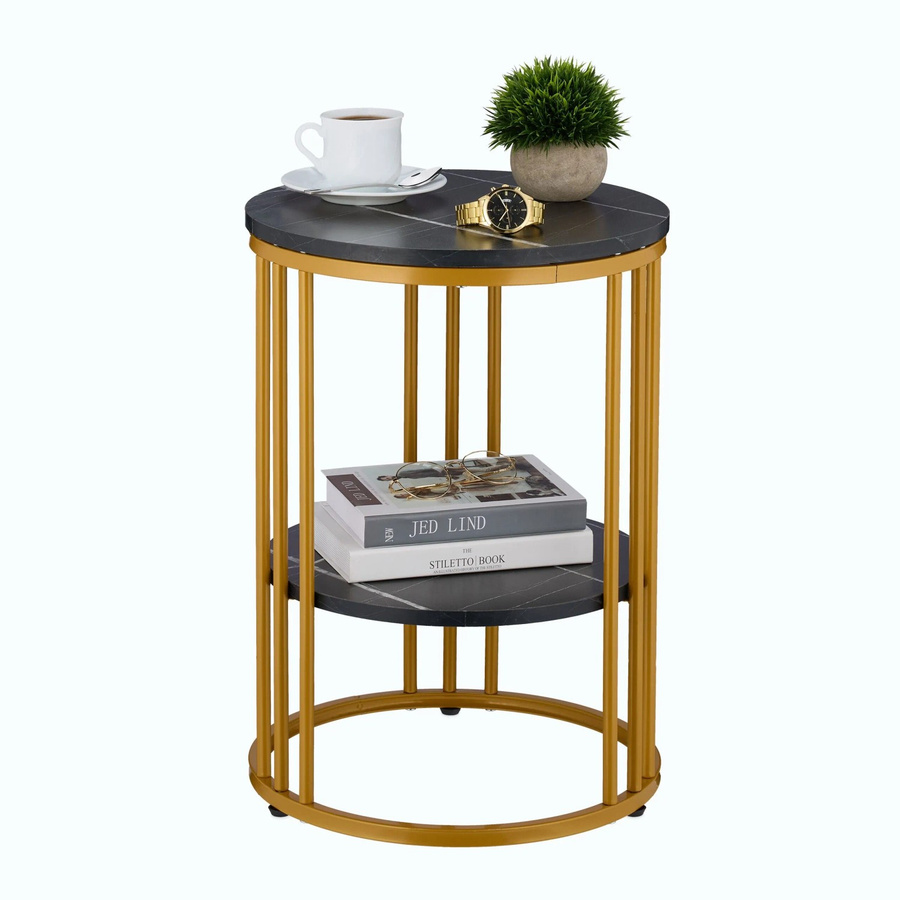 Relaxdays Beistelltisch in Schwarz und Gold mit Marmoroptik, höhenverstellbar, rund, Eisen und MDF, Durchmesser: 40 cm, Höhe: 56 cm - Bild 2