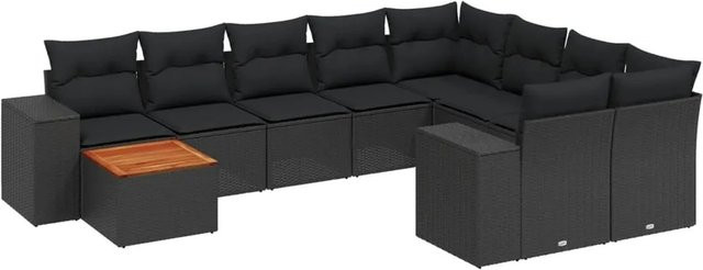 vidaXL 10-tlg. Garten-Sofagarnitur in L-Form aus Polyrattan und Akazienholz mit Kissen, Schwarz - Bild 1