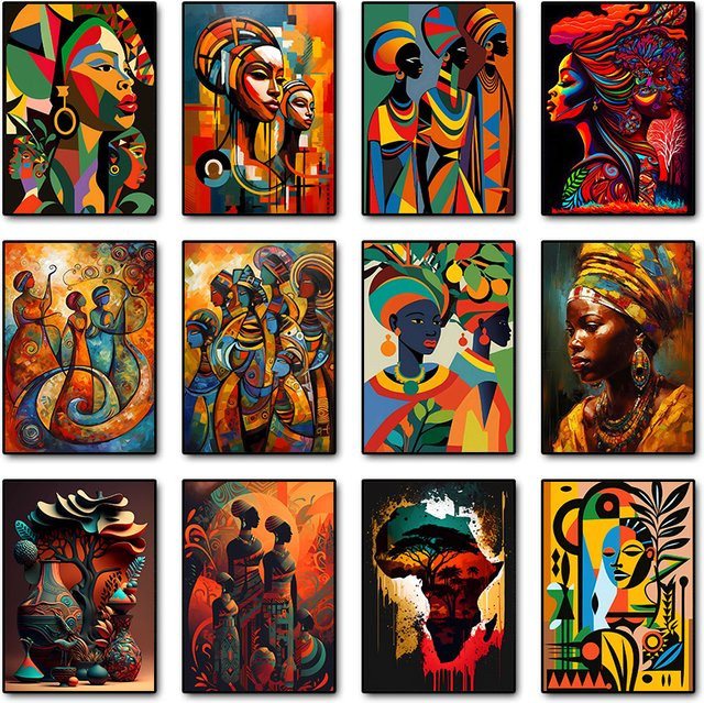 Potdemiel Diamantmalerei Porträt einer afrikanischen Frau mit Schmuck als modernes Kunstposter in Mehrfarbig - Bild 1