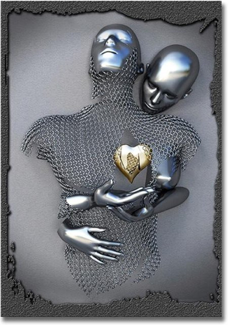 DIMENGQI Moderne 3D Wandkunst aus Metall und Leinwand in Gold, Silber und Rot, Abstraktes Design, B/H: 50 x 75 cm - Bild 1