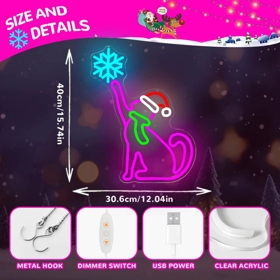 Dimmbares Neon-Wandschild Rosa Katze mit Schneeflocken für Kinderzimmer und Weihnachtsdekoration in Pink und Multicolour - Bild 2