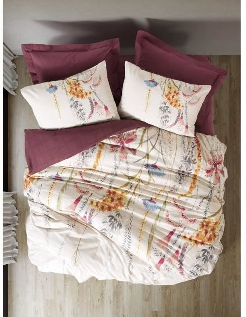 Bettwäsche-Set aus 100% Baumwolle mit floralem Naturmuster in Rot und Multicolour, bestehend aus 1 Bettbezug (Breite: 220 cm, Höhe: 240 cm) und 2 Kissenbezügen, atmungsaktiv und verstärkt - Bild 1