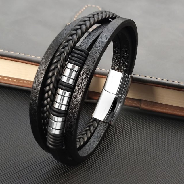 jiangmingao Armband, Leder, Edelstahl, geflochtenes Seil, Perlen, Herren - Bild 1