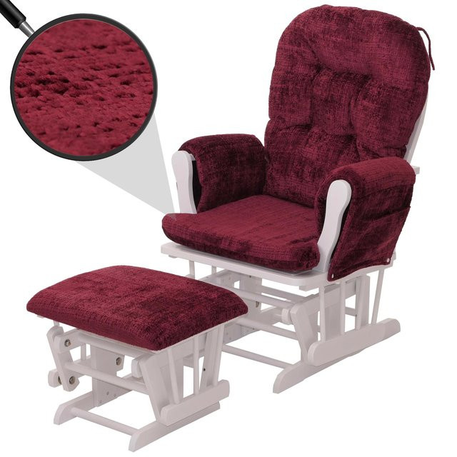 MCW Relaxsessel C76 Schaukelstuhl mit Hocker aus Chenille Stoff in Bordeaux und weißem Birkenholz-Gestell - Bild 1