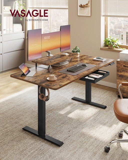 VASAGLE Höhenverstellbarer Schreibtisch mit Monitorständer und Schublade in Vintagebraun - Bild 1