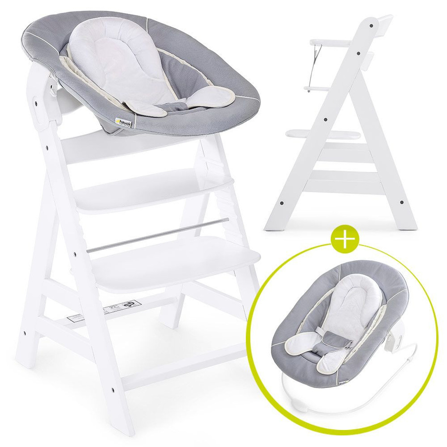 Hauck Alpha Plus Hochstuhl mit Neugeboreneneinsatz und Wippe, 3-teiliges Set in Weiß und Grau - Bild 1