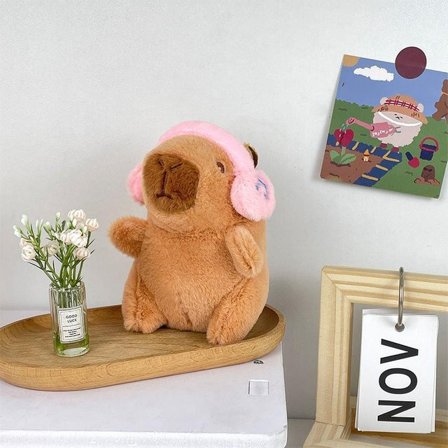 Capybara Plüschtier mit Kopfhörern, Puppe, Schlüsselanhänger, Braun - Bild 1