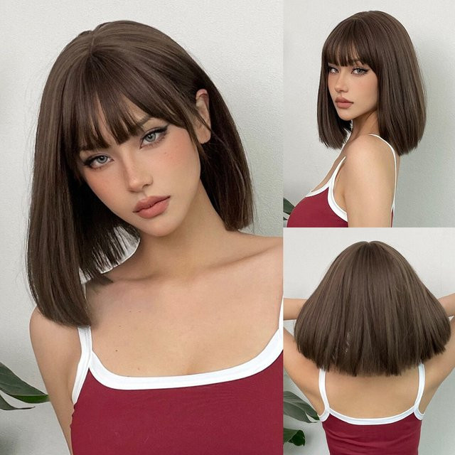 HAIRCUBE Bobo-Perücke für Damen, braun, synthetisch, mit Pony - Bild 1