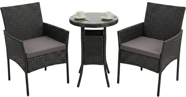 Relaxdays Gartenmöbel Set aus Polyrattan in Schwarz, 3-teilig für 2 Personen mit rundem Glastisch - Bild 1