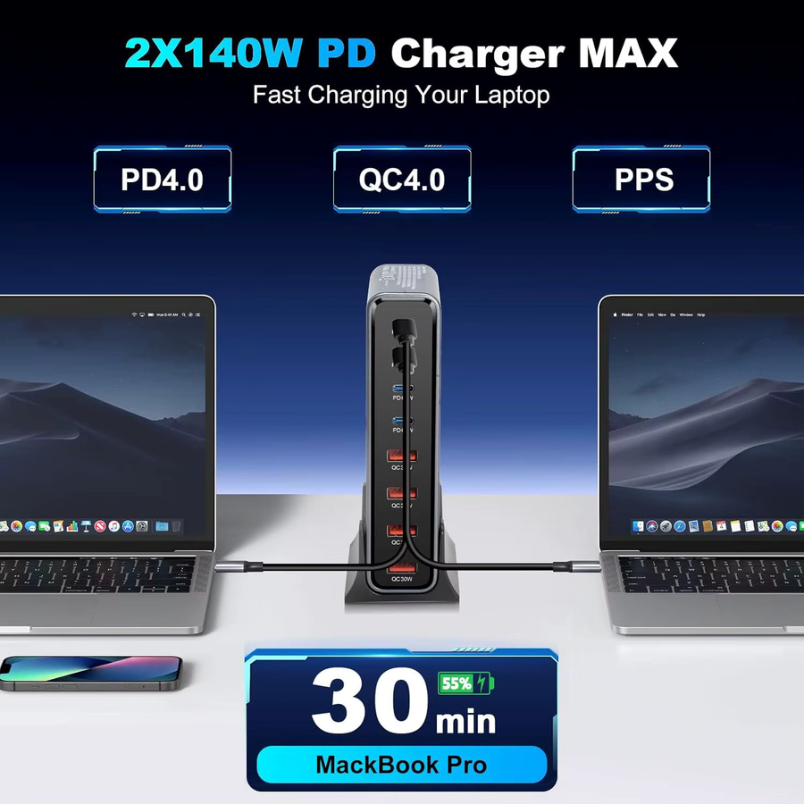 530W Multi-Port-Ladestation mit 8 Anschlüssen und Schnellladefunktion für MacBook, iPad, iPhone und Samsung Galaxy Geräte - Bild 6