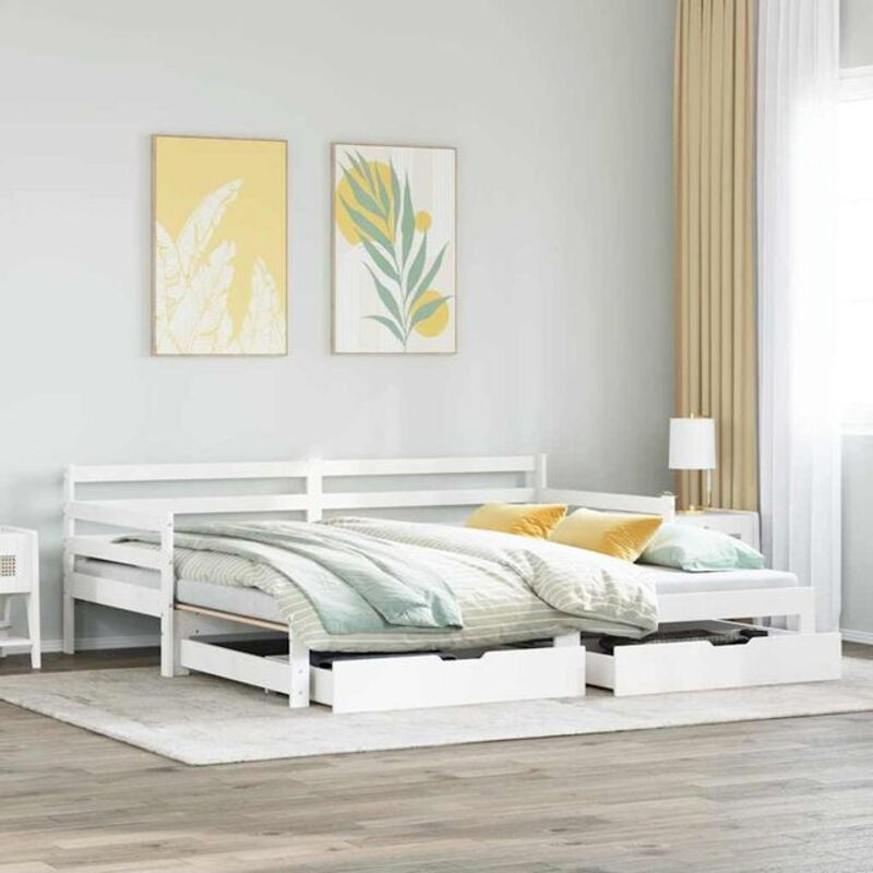 Ausziehbares Tagesbett mit Schubladen von Vidaxl in Weiß, Massivholzbett aus Kiefer im Landhausstil und minimalistischem Design, B/T/H: 90 x 200 cm (ohne Matratze) - Bild 1