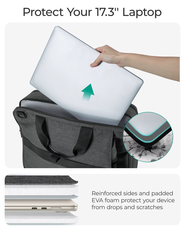 BAGSMART 3-in-1 Laptoptasche für Herren, wasserabweisende Computer-Aktentasche und Notebook-Abdeckung für Geschäftsreisen und Büro, 17,3 Zoll, Schwarz/Grau - Bild 3