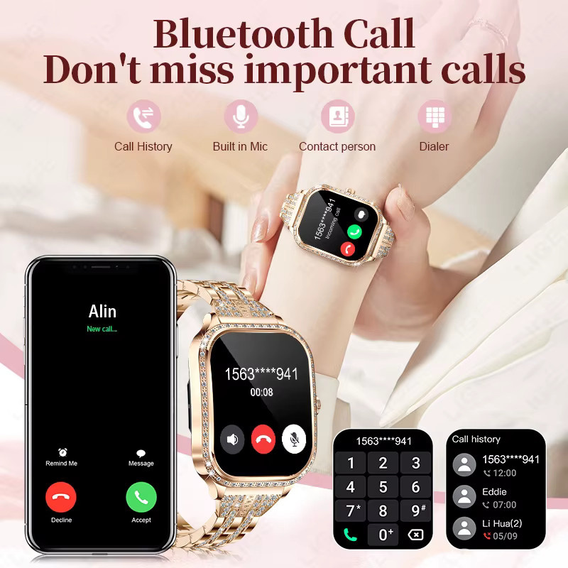 LIGE Smartwatch für Damen mit Bluetooth-Anruf, Herzfrequenzüberwachung und Wasserdichtigkeit, kompatibel mit Android und iOS, in Grau und Gold - Bild 2