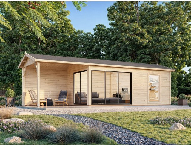 Palmako Gartenhaus Amanda Slide Plus aus Fichtenholz in Hellgrau-Anthrazit mit überdachtem Freisitz und Isolierglas, B: 873 cm, T: 300 cm - Bild 1