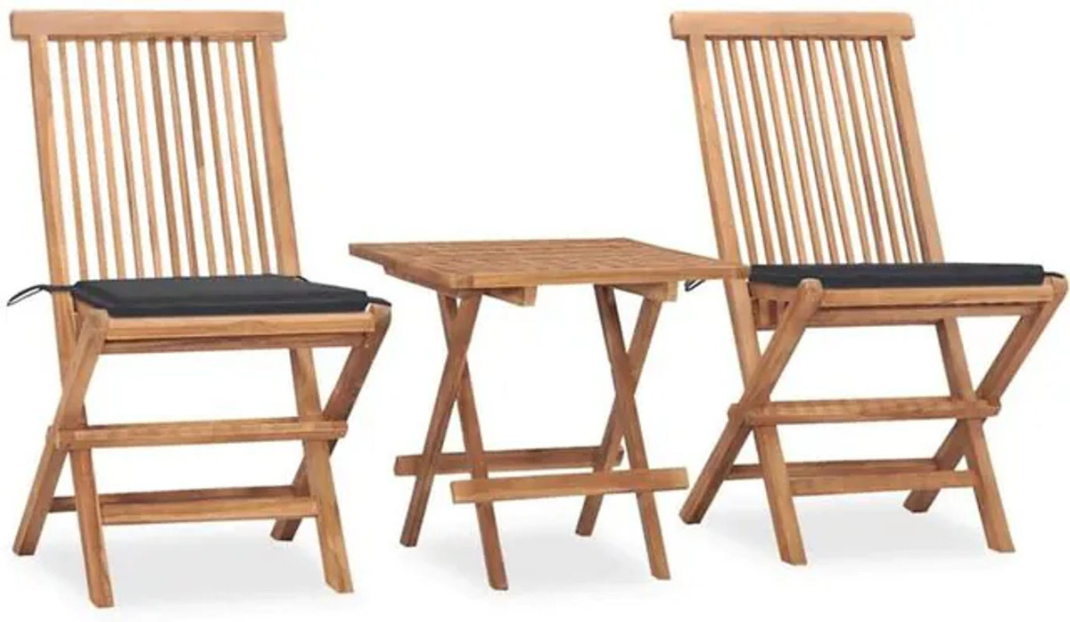 3-teilige Garten-Essgruppe aus Massivholz Teak mit Kissen, klappbar, braun/anthrazit, vidaxl - Bild 1