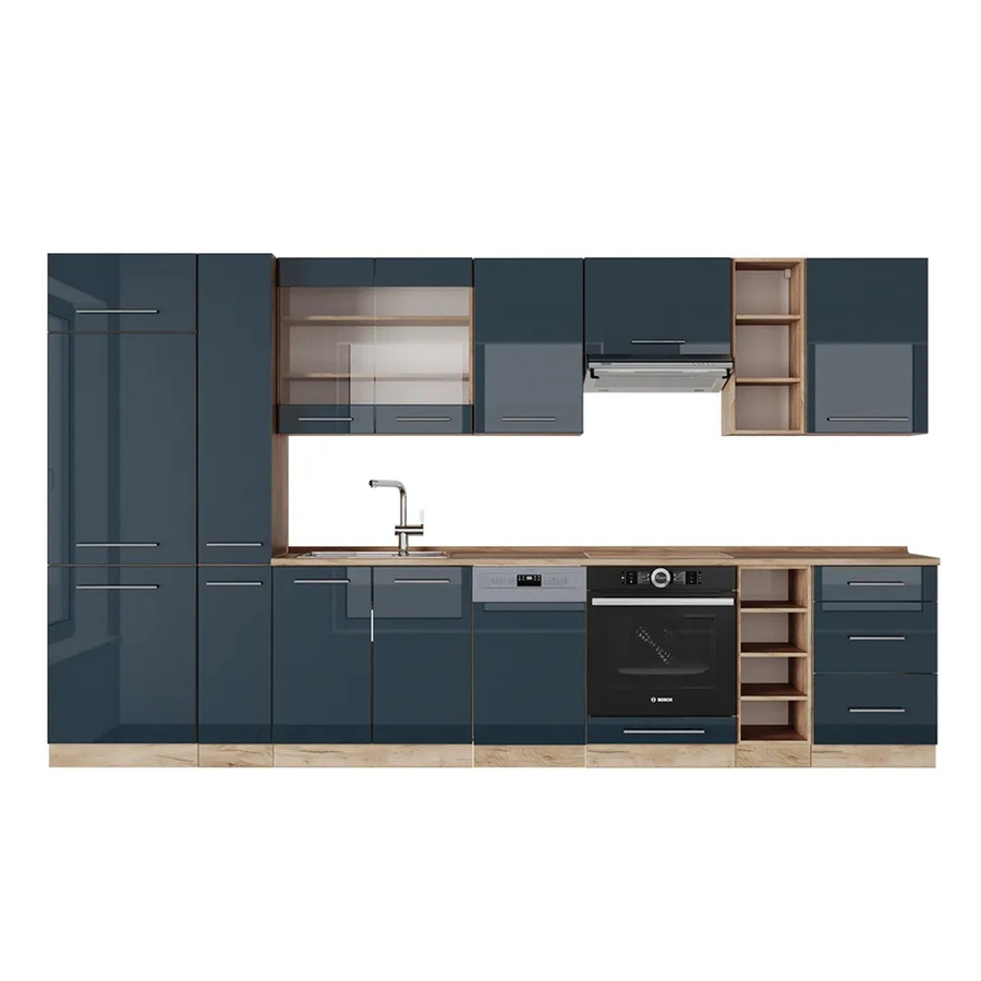 Vicco Fame-Line Küchenzeile Dunkelblau Hochglanz und Goldkraft Eiche, Breite: 355 cm - Bild 2