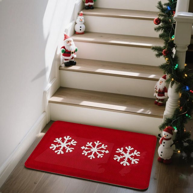 VIKAMA Rutschfeste Badezimmer Bodenmatte mit Weihnachten Schneeflocken Motiv in Rot und Weiß - Bild 1