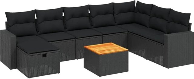 vidaXL 9-tlg. Garten-Sofagarnitur in L-Form aus schwarzem Poly-Rattan mit Kissen und Akazienholz - Bild 1